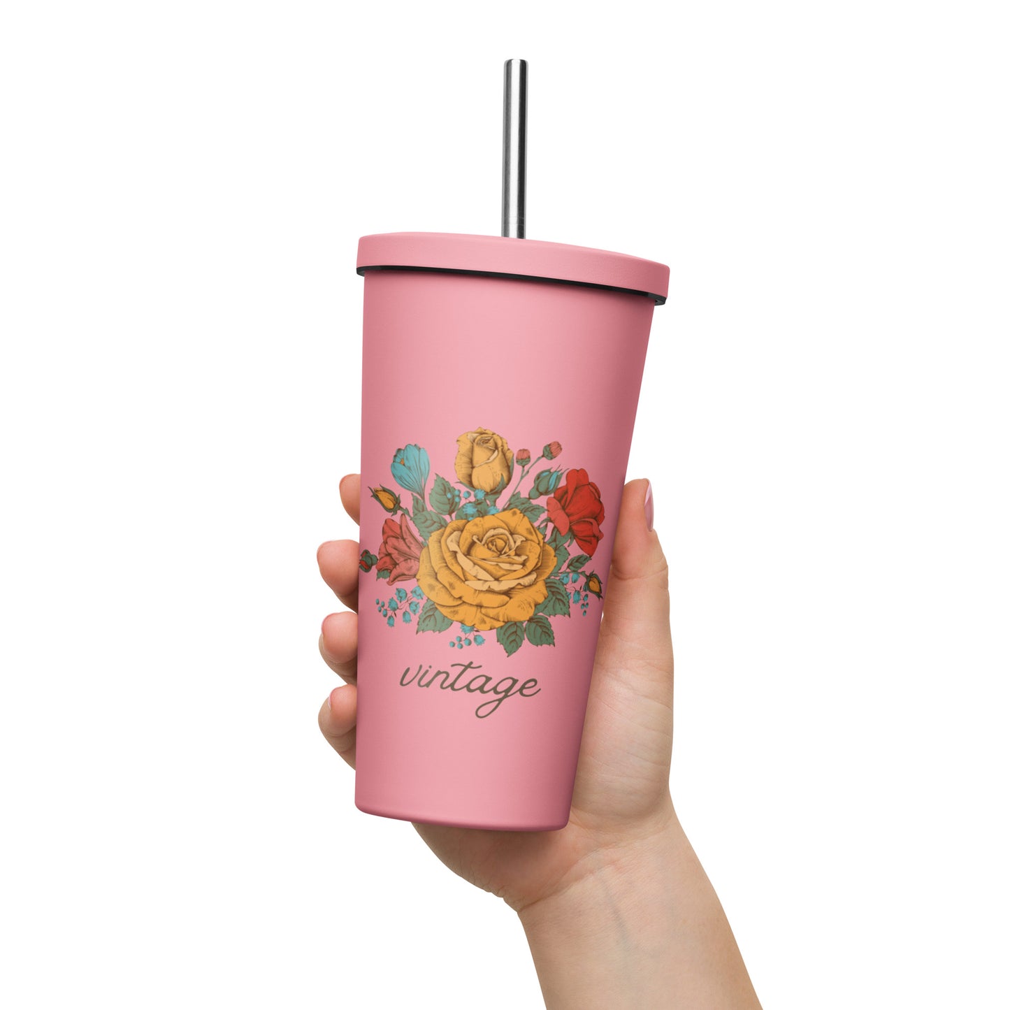 Vintage Floral 20oz Insulated tumbler with a straw