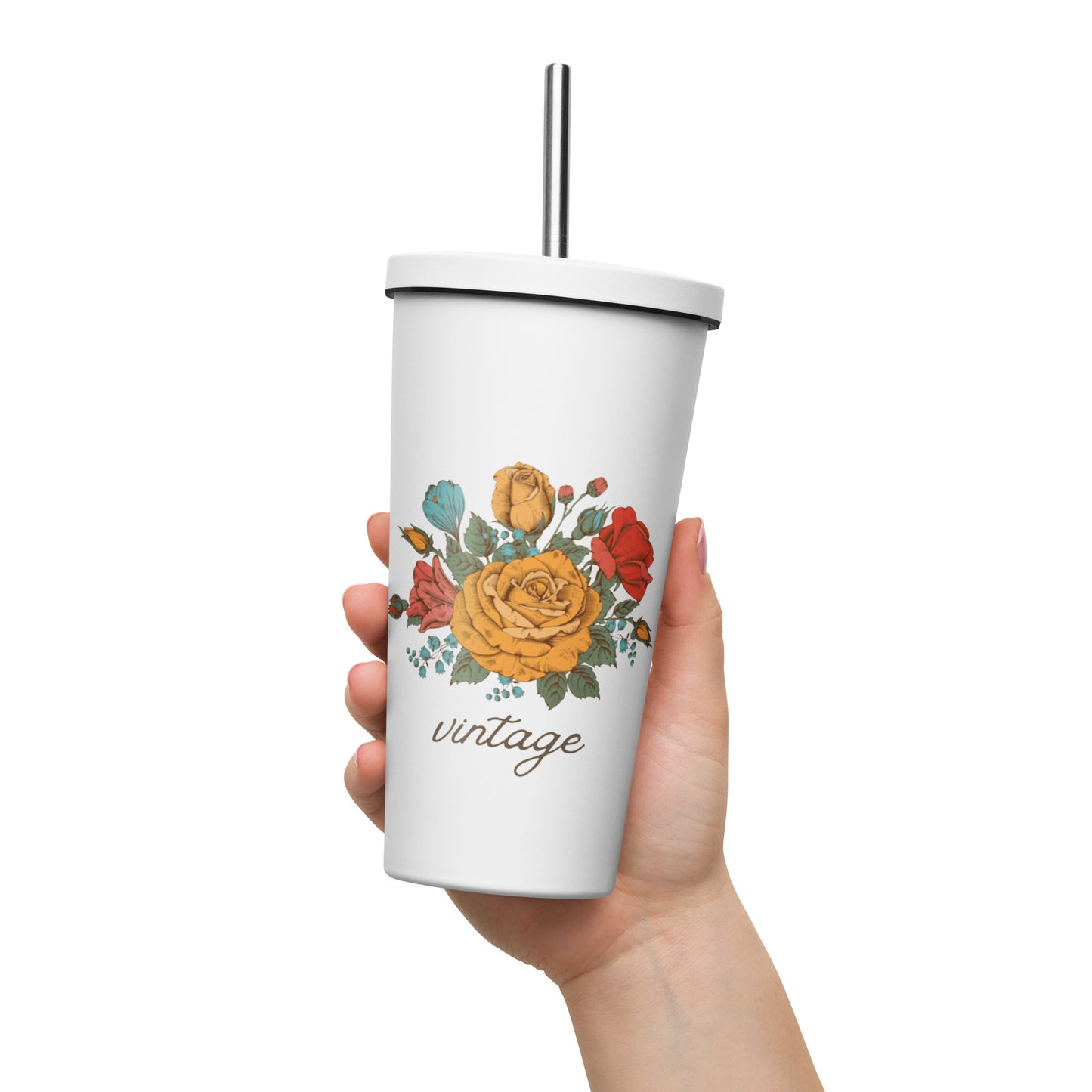 Vintage Floral 20oz Insulated tumbler with a straw