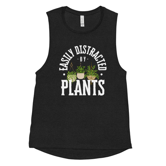 Easily Distracted By Plants Ladies’ Muscle Tank (White)