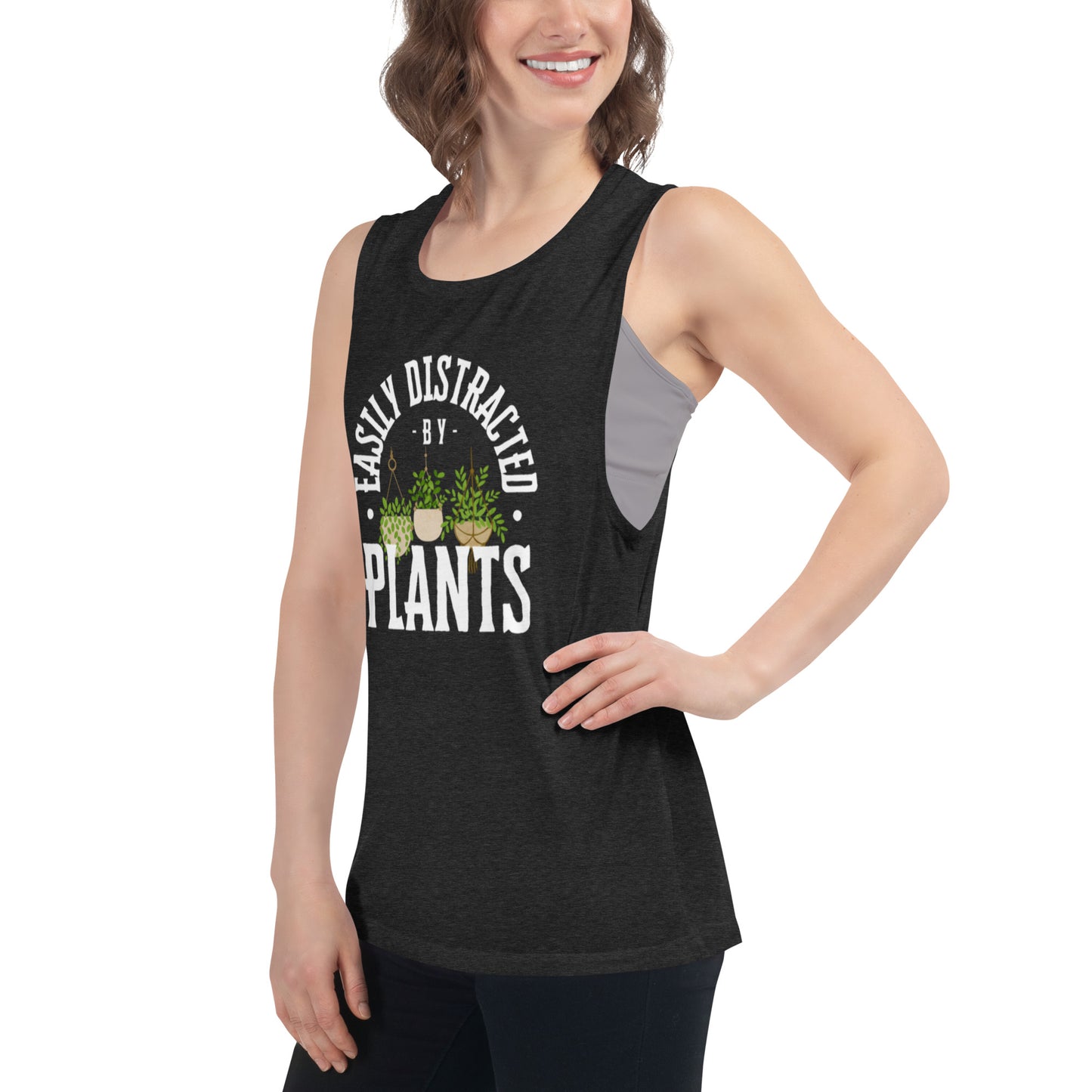 Easily Distracted By Plants Ladies’ Muscle Tank (White)