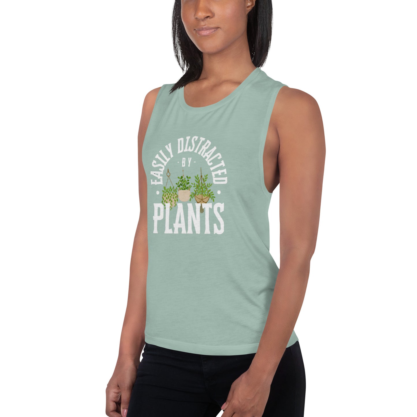 Easily Distracted By Plants Ladies’ Muscle Tank (White)